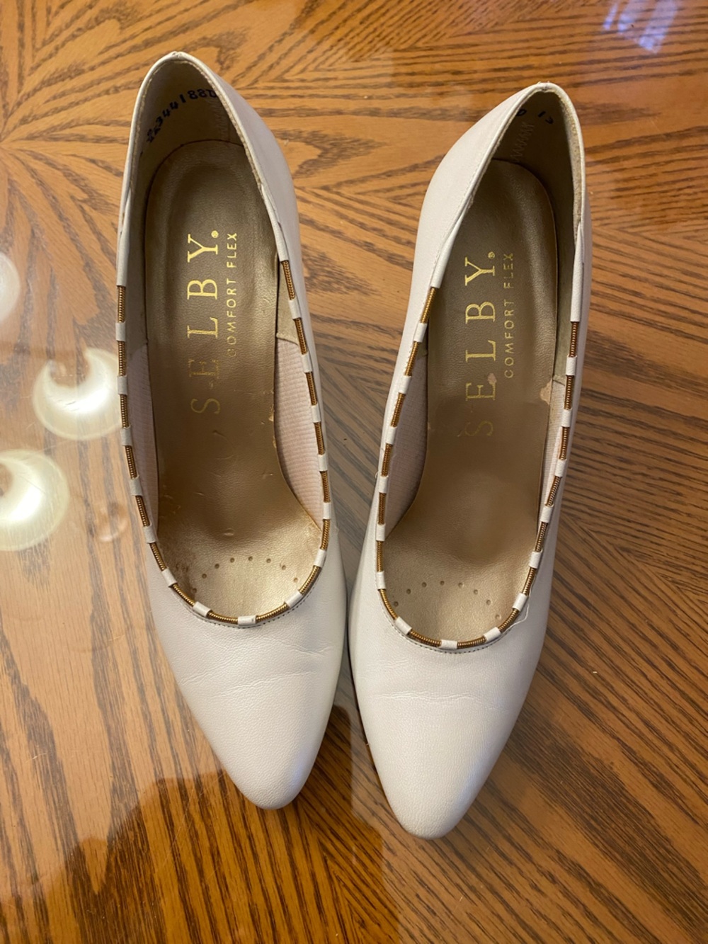 Selby White Pointed-Toe Heels with Gold Trim